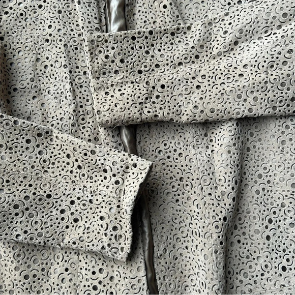 Chico's Tan Genuine Leather Laser Cutout Long Sleeve Open Front  Jacket - Picture 7 of 12